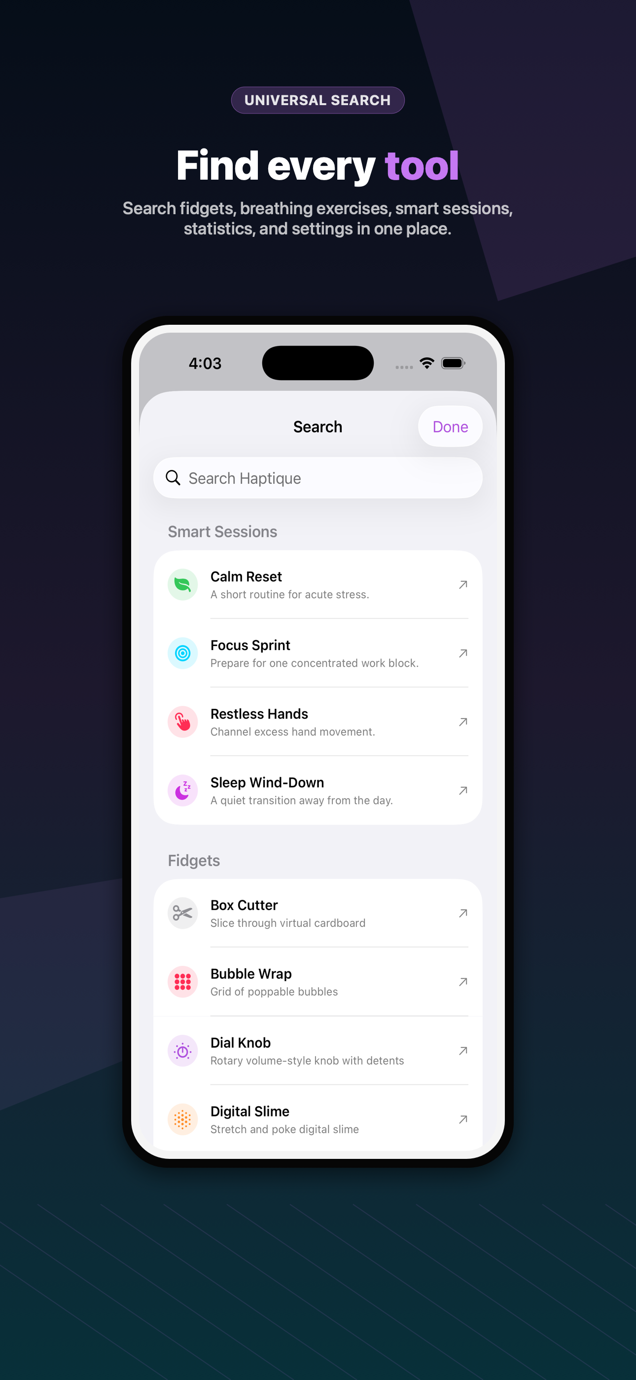 Haptique search screen listing smart sessions and fidget tools
